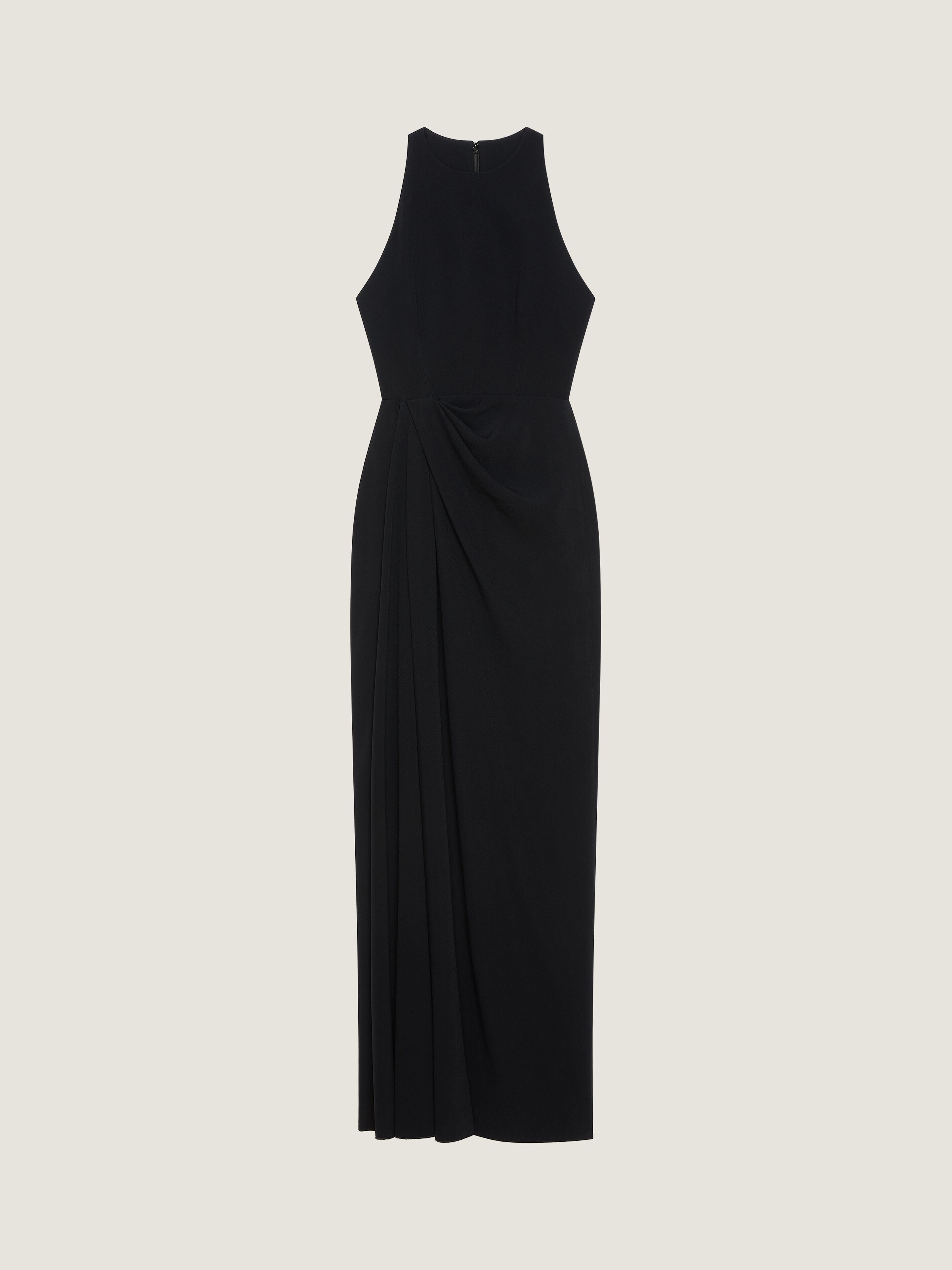 Draped halterneck evening dress in crepe cady